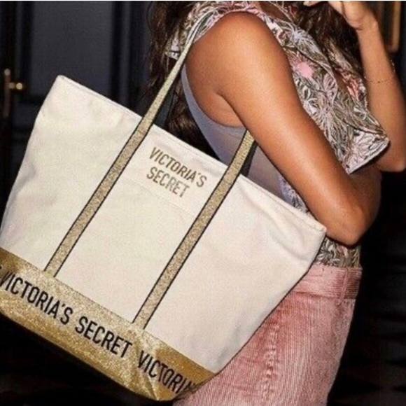 Victoria’s Secret Canvas & Gold Glitter Trim Tote Bag Zipper Top - Picture 2 of 14